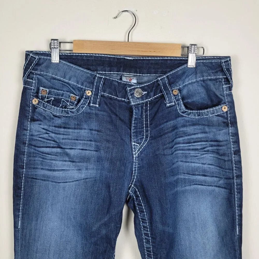 True Religion Jeans 33 Blue Denim Natural Big T Bobby Y2K Thick Stitch Straight‎